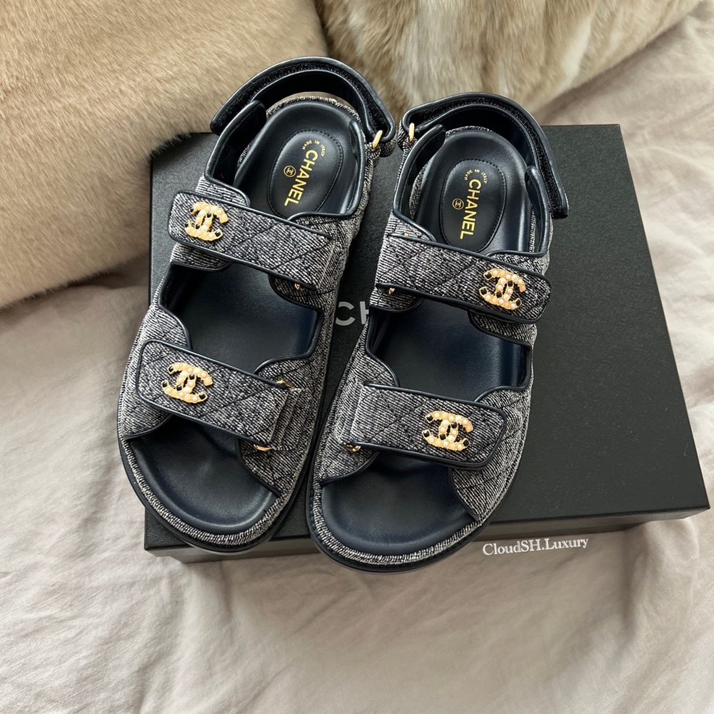 Auth BNIB Chanel 21A Rare Denim Deep Gray Dad Sandals -Size 38